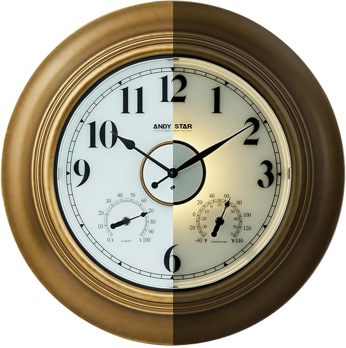 ANDY STAR 21 Inch Outdoor Clocks Waterproof, Large Outdoor Wall Clocks for Patio with Thermometer, Weatherproof Illuminated Clock Battery Operated with Thermometer&Hygrometer, Gold Metal Finish-Ruum Studio Home