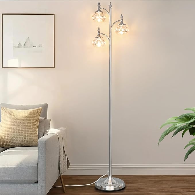 Brushed Nickel Floor Lamp 66.5'' Tall Standing Lamp Dimmable Tree Floor Lamps with 3 LED Lights Glass Shades Silver Lamp for Living Room Bedroom Office(3 Bulbs Included)-Ruum Studio Home