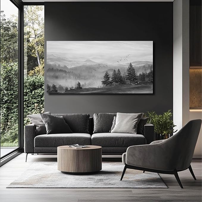 SOUGUAN Grey Pictures Wall Decor Forest Artwork Mountain Canvas Painting Landscape Wall Art Prints for Living Room Bedroom Home Hanging Decor 24x48 Inch-Ruum Studio Home