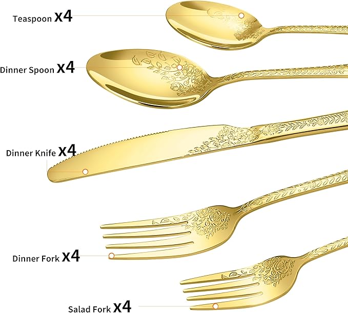 Floral 20 Pcs Gold Silverware Set for 4, Food Grade Stainless Steel Flatware Set with Rose Flower Embossed Design, Eating Utensils Sets Include Fork/Knife/Spoon, Reusable Cutlery Set, Dishwasher Safe-Ruum Studio Home
