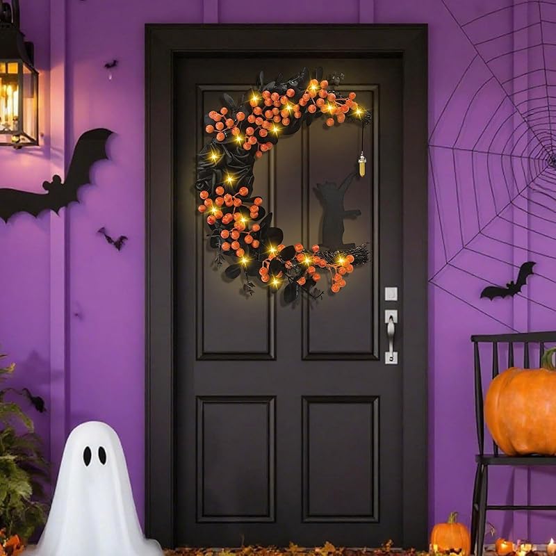 Halloween Wreaths for Front Door with Light, Black Cat Crescent Moon Wreath, Cute Cat Garland Halloween Door Decorations for Outdoor Indoor Decor Wall Window Home Party-Ruum Studio Home