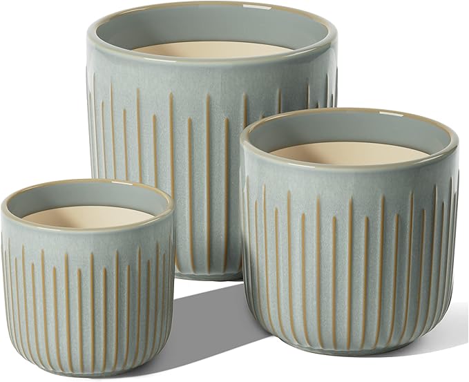 LE TAUCI Fluted Ceramic Planters Set of 3 – 8.3/7 / 5.7 in Blue Gray Reactive Cylinder Indoor Plant Pots with Drainage Plug & Mesh, Glossy Stoneware Flower Pots for Succulents Herbs-Ruum Studio Home