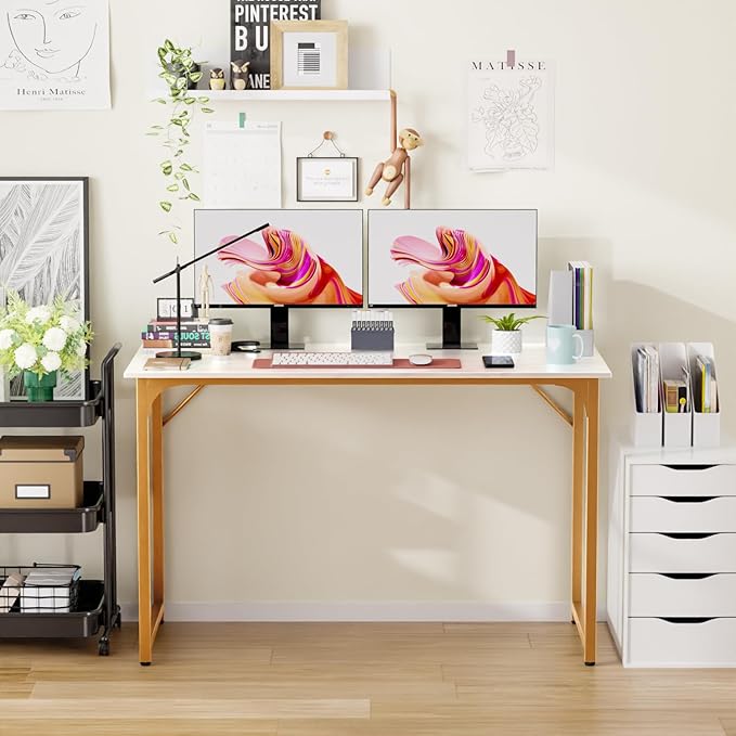 PayLessHere | 47 Inch Computer Desk | White Gold | Office Desk with Metal Frame, Adjustable Feet | Water-Resistant, Scratchproof Surface | Sturdy Writing Table for Home Office or Study | Pack of 1-Ruum Studio Home