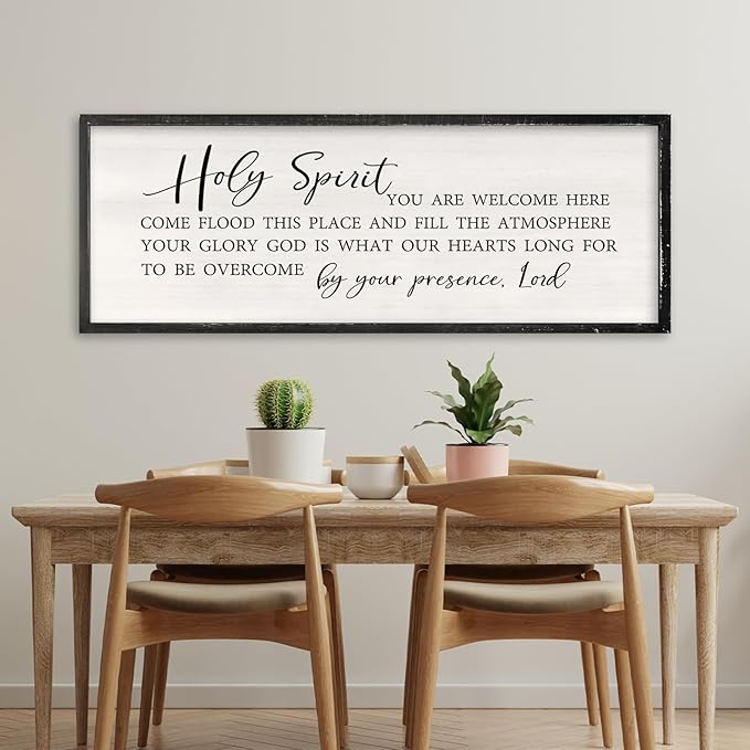 Holy Spirit You are Welcome Here Wall Decor Art 32x12 Inch Large Christian Song Bible Verse Plaque Wood Framed Sign Living Room Scripture Quote Religious For Office Wall Hanging (Black)-Ruum Studio Home