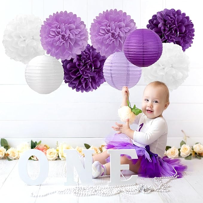 Purple-White Lavender Party Decorations Paper Flowers Lanterns - 15PCS Birthday Graduation Tissue Pom Poms Streamers, Baby Bridal Shower Wedding Retirement Bachelorette Hanging Supplies Decor Hugfond-Ruum Studio Home