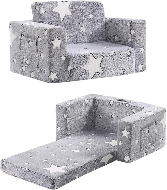 Toddler Chair Plush Kids Couch, 2-in-1 Comfy Armchair Removable and Washable Cover Carrying Handle, Convertible Reading Chair Toddler Couch for Girls and Boys, Glow in The Dark Grey Star-Ruum Studio Home