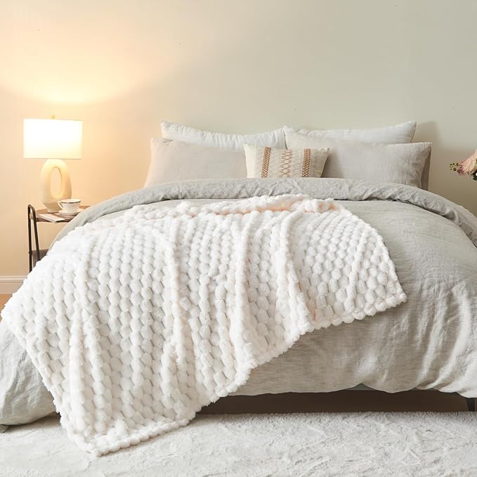 NEWCOSPLAY Super Soft Twin Blanket Ivory Premium Silky Flannel Fleece 3D Clouds Stylish Jacquard Lightweight Bed Blanket All Season Use 350GSM (Ivory, Twin(60"x80"))-Ruum Studio Home