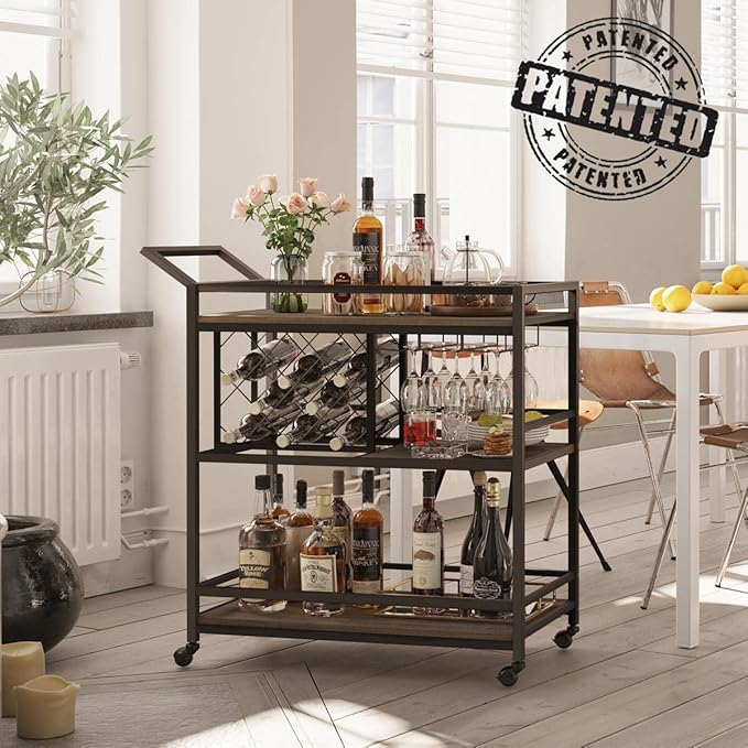 FATORRI Bar Cart for The Home with Wine Rack and Glasses Holder, Small Home Bar Serving Cart on Wheels for Liquor and Alcohol (Walnut Brown)-Ruum Studio Home
