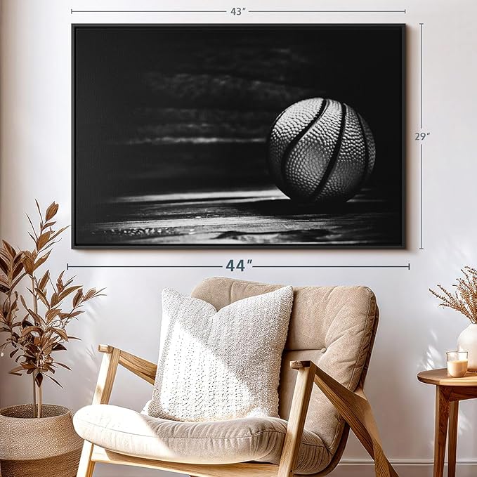 ElephantStock Basketball Wall Art - Horizontal Framed Canvas - 1-Piece Hallway Wall Decor - Photography sports Canvas Print - Black and Gray Decor for Wall - 43" X 29"-Ruum Studio Home