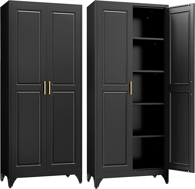 Kitchen Pantry Cabinet,75”Black Metal Storage Cabinets with Doors and 4 Adjustable Shelves,Kitchen Cabinet with 2 Gold Handles,Tall Cabinet for Livingroom, Bathroom-Ruum Studio Home