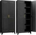 Kitchen Pantry Cabinet,75”Black Metal Storage Cabinets with Doors and 4 Adjustable Shelves,Kitchen Cabinet with 2 Gold Handles,Tall Cabinet for Livingroom, Bathroom-Ruum Studio Home