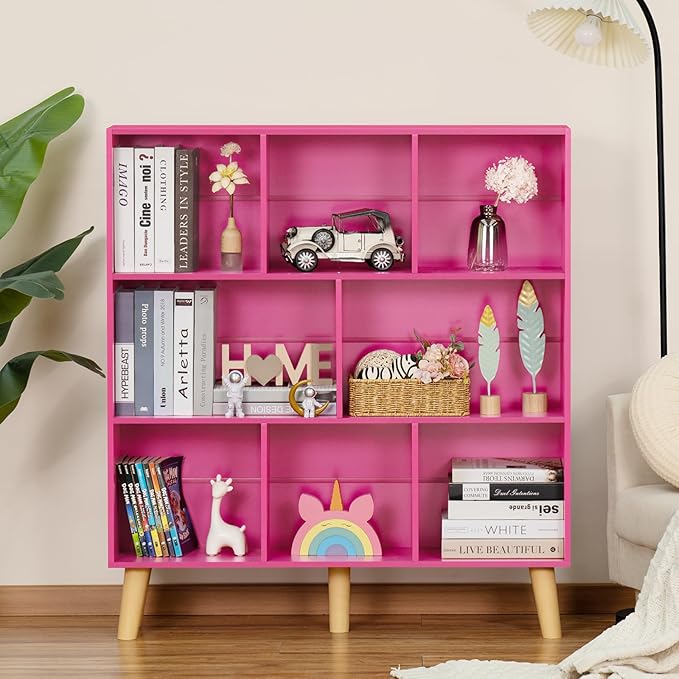 LEYAOYAO Bookshelf,3 Tier Book Shelf with Legs,Pink Modern Bookshelf,Large Freestanding Open Modern Bookshelves,Display Bookcases Decor Furniture for Nursery-Ruum Studio Home