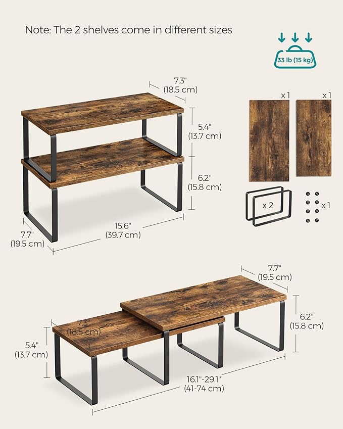 SONGMICS Cabinet Organizer Shelf, Set of 2 Kitchen Counter Shelves, Kitchen Storage, Spice Rack, Stackable, Expandable, Metal and Engineered Wood, Ink Black and Rustic Brown UKCS200X01-Ruum Studio Home