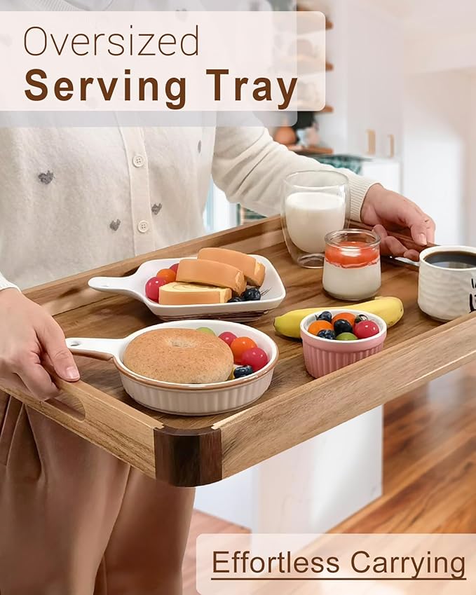 22 Inches Acacia Wood Serving Tray with Handles, Large Wooden Rectangle Ottoman Tray, Nice Home Decor for Living Room Coffee Table Couch, Ideal Size for Serving Food Breakfast BBQ Party-Ruum Studio Home