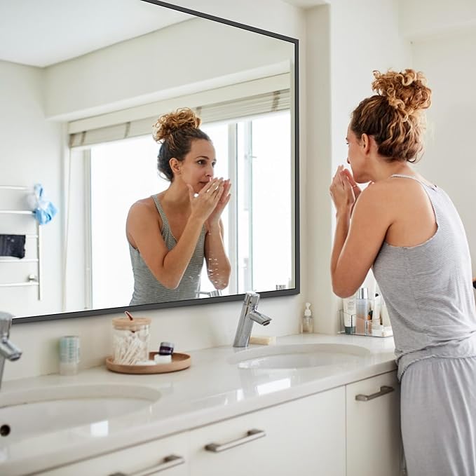 Black Bathroom Mirror, 48"X36" Rectangle Mirrors for Wall Metal Frame, Modern Vanity Wall Mirror for Bathroom Living Room, Entryway Hangs Horizontal or Vertical-Ruum Studio Home