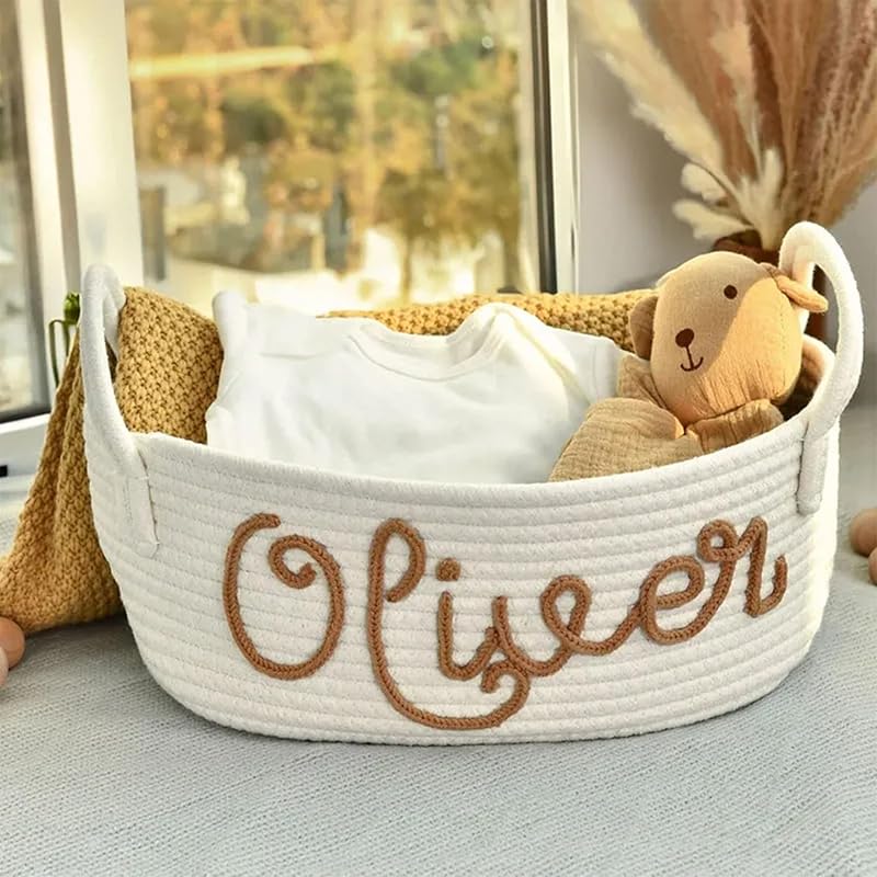 Personalized Baby Name Basket, Custom Woven Baby Shower Gift Basket with Cotton Rope Handle Baby Diaper Nursery Shelf Storage Basket Bin for Kids' Bedroom (Style 4)-Ruum Studio Home