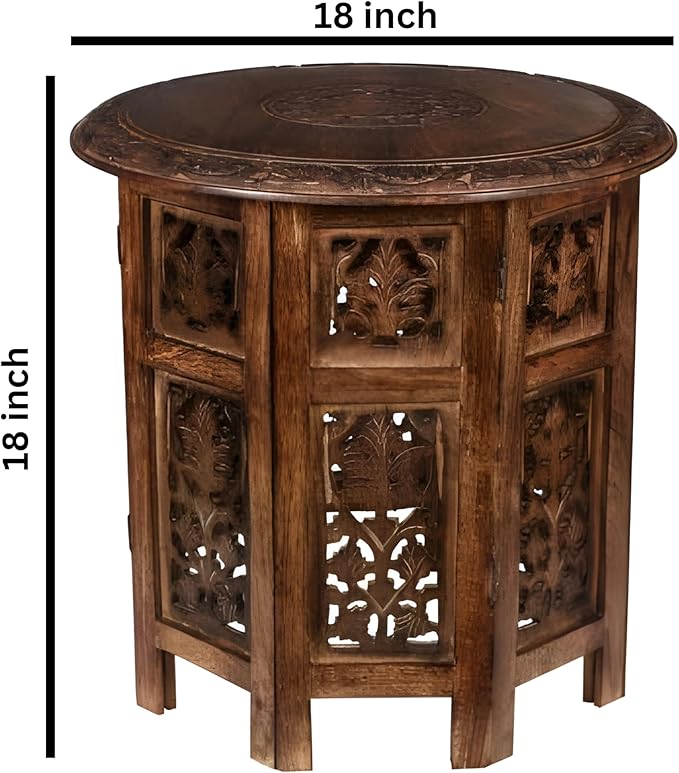 Lightnpro Handcrafted Wooden Round Accent Table - Vintage Farmhouse Octagonal Side End Table with Intricate Carvings for Living Room, Bedroom, Entryway - 18x18 Inch - Burnt-Ruum Studio Home