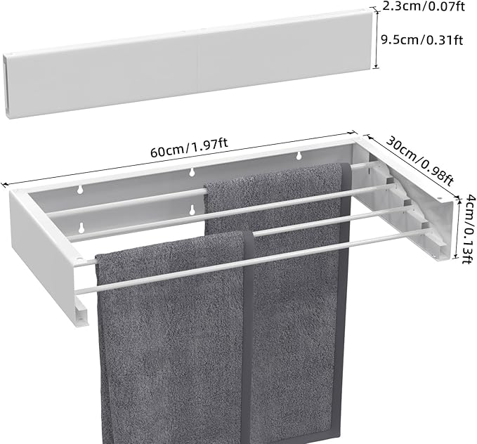 Wall Mounted Drying Rack for Laundry 23.6'', Folding Drying Rack Clothing Wall Mount with 4 Rods, Space Saving for Indoor Outdoor Bathroom Balcony (White, 23.6'')-Ruum Studio Home