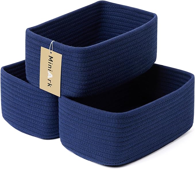 Small Storage Baskets for Organizing | Closet Organizer Bins | Shelf Toy Basket | Woven Rope Baskets | Cube Decorative Box | Shallow Basket | 11.5x7.5x4.7” | 3 Packs Navy Blue-Ruum Studio Home
