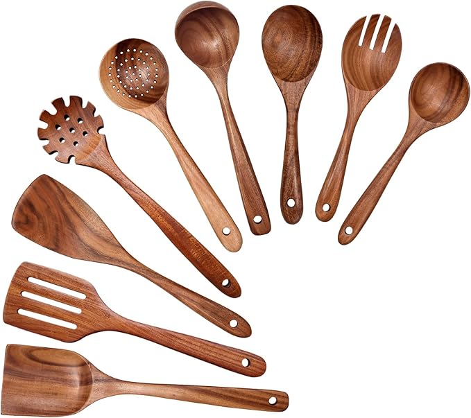 Wooden Spoons for Cooking 9 Pieces Set, Teak Wooden Kitchen Utensil Set, Wooden Cooking Utensils Spoons, Spatulas, Heat-Resistant, Lightweight & Durable, Perfect for Non-Stick Cookware-Ruum Studio Home