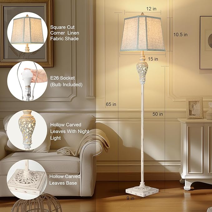 Rustic Floor Lamp 65'' Tall with Nightlight Cut Corner Linen Fabric Shade Vintage Standing Lamp for Living Room, Bedroom, Office, House (Bulb Included)-Ruum Studio Home
