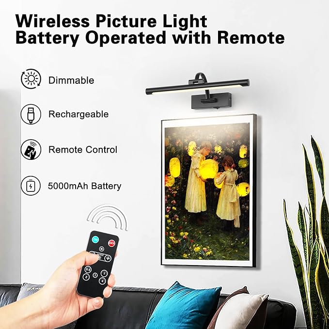 Picture Lights Battery Operated with Remote and Dimmable Function, Rechargeable Gallery Light Black Art Light Wireless Painting Lights 16'' Inch for Display, Portrait, Artwork, Warm White-Ruum Studio Home