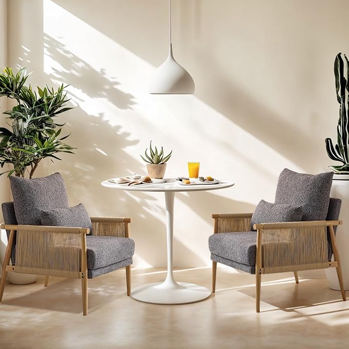 VINGLI Boho Braid Accent Armchairs Set of 2,Mid-Century Modern Chiars with Solid Wooden Armrest,Comfy Louge Cushion Chairs with Waist Pillow for Bedroom,Living Room,Reading Room, Gray-Ruum Studio Home