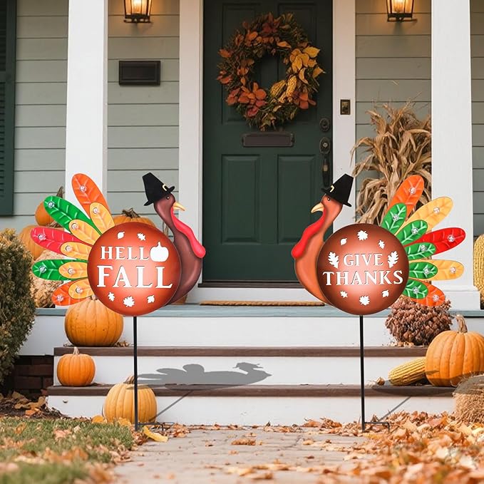 2 PCS Happy Fall Yard Signs Metal Thanksgiving Decorative Garden Stakes with Led Light Turkey Give Thanks Yard Stakes Fall Harvest Lawn Garden Lawn Pathway Decor-Ruum Studio Home