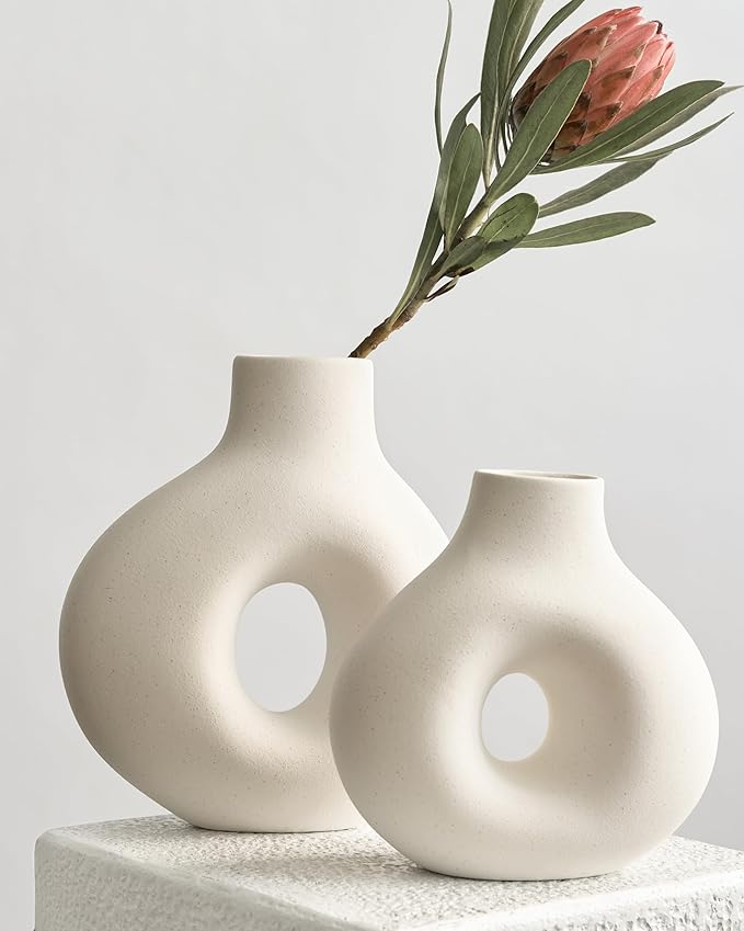 NOBULA White Ceramic Donut Vases – Modern Home Decor for Living Room, Bedroom & Table Centerpiece - Minimalist Nordic – Unique Vases for Olive Plant & Flowers – Decorative Coffee Table Vase Set of 2-Ruum Studio Home