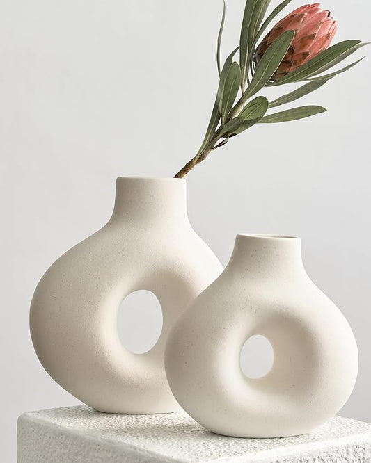 NOBULA White Ceramic Donut Vases – Modern Home Decor for Living Room, Bedroom & Table Centerpiece - Minimalist Nordic – Unique Vases for Olive Plant & Flowers – Decorative Coffee Table Vase Set of 2-Ruum Studio Home