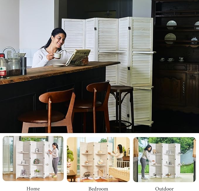 Partition Room Dividers, Folding Wood Privacy Screen with Three Display Shelves Suitable for Home Office, Study, Art Display - 5 Panel, 67 * 64inch (White-Washed)-Ruum Studio Home