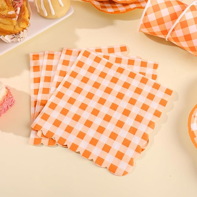 350 Pcs Orange and White Gingham Party Supplies - Orange Gingham Paper Plates and Napkins Sets Serve 50 - Scalloped Checkered Plates for Birthday Picnic Fall Halloween Thanksgivng Party Decorations-Ruum Studio Home