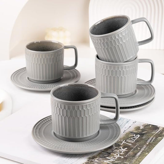 Large Cappuccino Cups with Saucers Set of 4, 8 Ounce Stackable Embossed Ceramic Coffee Mugs for Specialty Coffee Drinks, Latte, Cafe Mocha and Tea, Dishwasher & Microwave Safe (Grey)-Ruum Studio Home