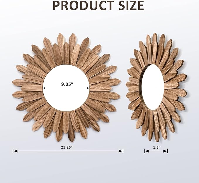 Honiway Mirror Wall Decor 21 inch Rustic Wood Boho Aesthetic Mirror for Room & Home Decor Farmhouse Wall Decor at Living Room Bedroom Carbonized Black-Ruum Studio Home