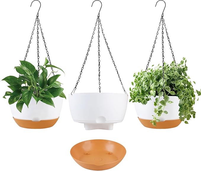 10 inch Hanging Planters Self Watering Pots for Indoor Plants, 3 Pack Plastic Hanging Basket with Removable Tray for Home Garden Porch Balcony Patio Decor (White)-Ruum Studio Home