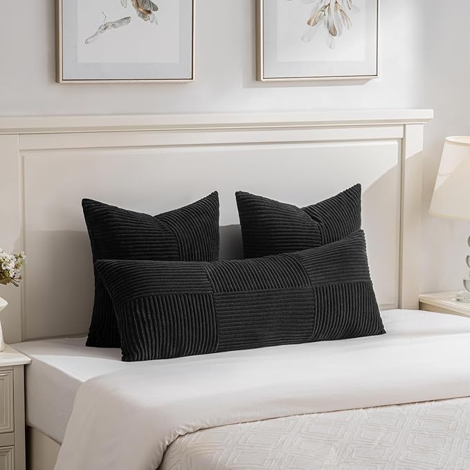 Fancy Homi 2 Packs Black Decorative Throw Pillow Covers 18x18 Inch for Living Room Couch Bed Sofa, Rustic Farmhouse Boho Home Decor, Soft Corss Corduroy Patchwork Textured Square Cushion Case 45x45 cm-Ruum Studio Home