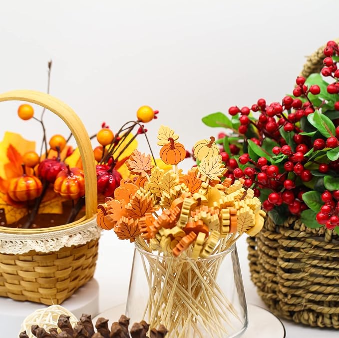 Fall Cocktail Picks Pumpkin Maple Leaf Assorted Autumn Theme Toothpicks Fruit Drinks Dessert Sticks Food Sandwich Appetizer Charcuterie Skewers, for Thanksgiving Decorations Party Supplies (100)-Ruum Studio Home