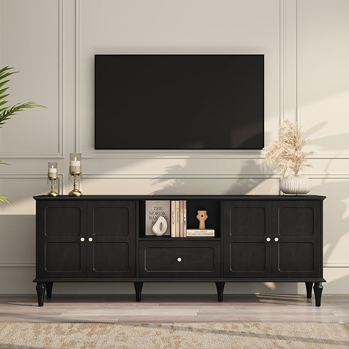 ARTPOWER 67'' Mid-Century Modern TV Stand with Storage Drawer and Doors, Long TV Stand with Adjustable Shelves for 75 Inch TV for Living Room, Bedroom, Black-Ruum Studio Home