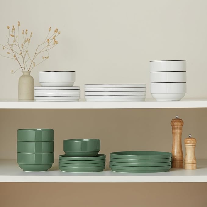 Ceramic Dinnerware Set, 12-Piece Service for 4, Round, Microwave and Dishwasher Safe, Cambridge Classics (Dusty Jade)-Ruum Studio Home