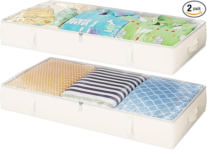 2-Pack Under Bed Storage, 6 Inches Tall Closet Organizers and Storage Bins with Sturdy Sidewalls/Bottom/4 Handles, Beige-Ruum Studio Home