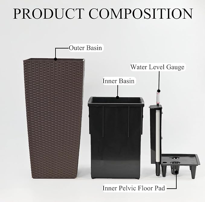 2Pcs 23in High Large Plant Pots Planter-Self-Watering,Modern Planter with Drain Holes,Water Level Monitor,Inner Bucket for Indoor/Outdoor Front Porch Patio,Brown Rattan-Ruum Studio Home