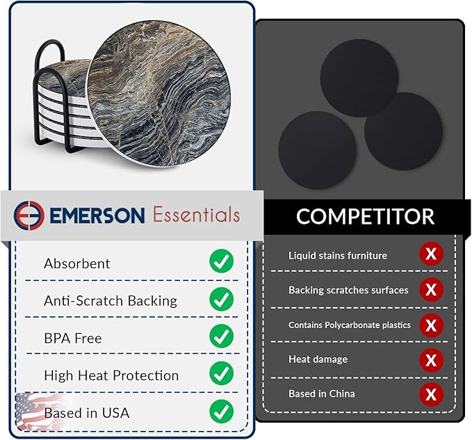 Emerson Coasters for Drinks Absorbent – Natural Stone Drink Coasters Set with Holder, Coasters for Coffee Table, Wooden Tabletop Protection Marble Style – 100% Heavy Duty Set of 6 (Mystic)-Ruum Studio Home