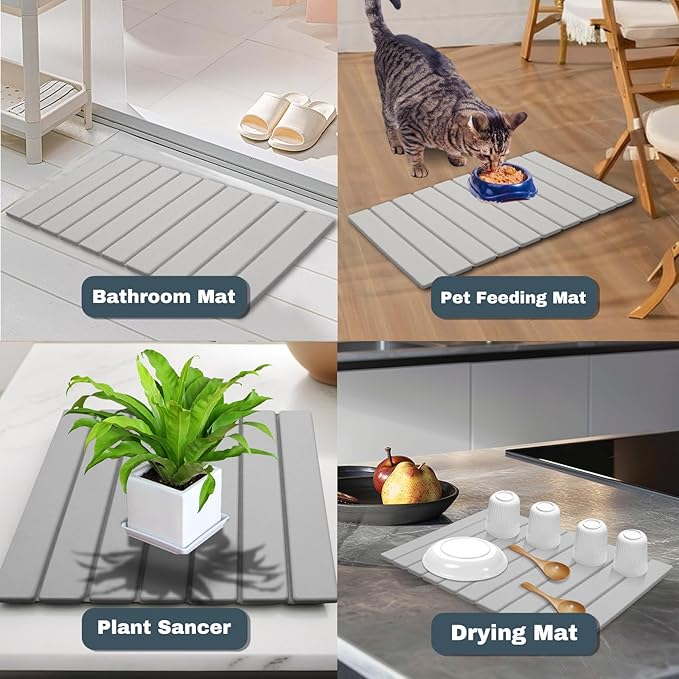 Large Stone Dish Drying Mats for Kitchen Counter, Quick Dry Absorbent Collapsible Dish Drying Mat,Diatomaceous Earth Mats for Dishes Bottles Cups,Match Any Countertop,Grey 16 * 12inch-Ruum Studio Home