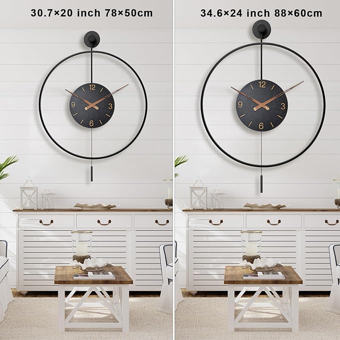Large Modern Wall Clock,34.6×24 Inch Big Metal Minimalist Arabic Numeral Dial,Decorative Farmhouse Pendulum Wall Clocks with Walnut Pointers forLiving Room Decor, Office,Dining Room-Ruum Studio Home