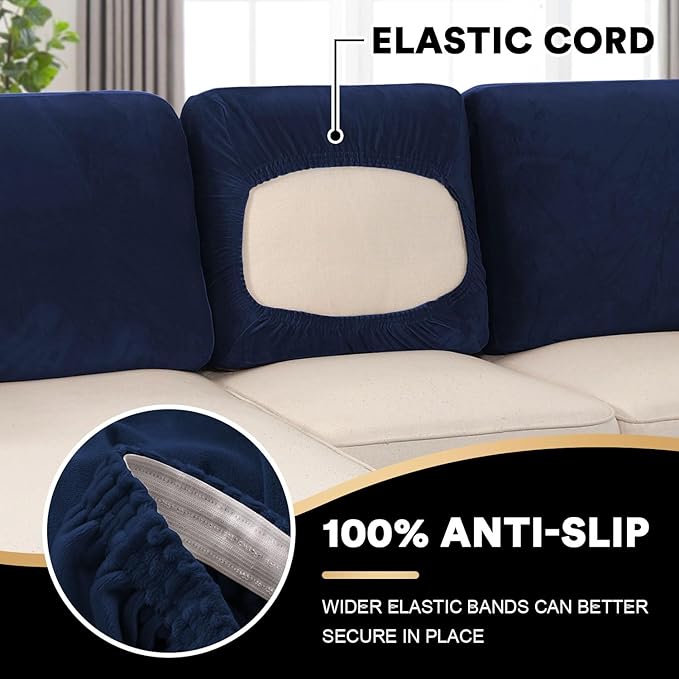 PrinceDeco Sectional Couch Covers Velvet Cushion Covers for Sectional Couch Washable Cushion Covers for Sectional Sofa Pet Friendly Sectional Sofa Slipcovers(1 Chaise Back+ 3 Sofa Back,Navy)-Ruum Studio Home
