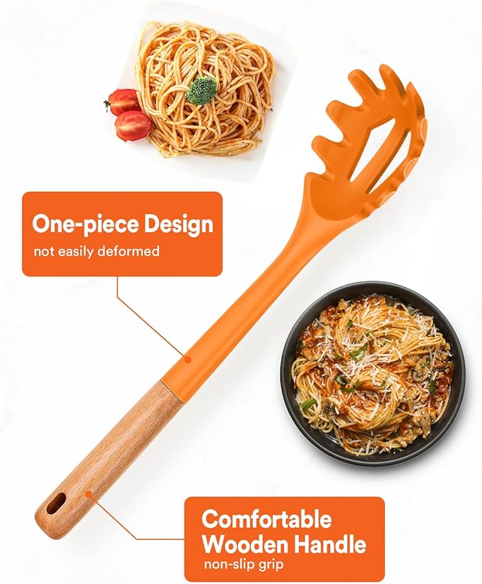 Silicone Pasta Fork, Kitchen Heat Resistant Noodle Spoon Server, BPA Free Spaghetti Strainer,12.8 inch (ORANGE)-Ruum Studio Home