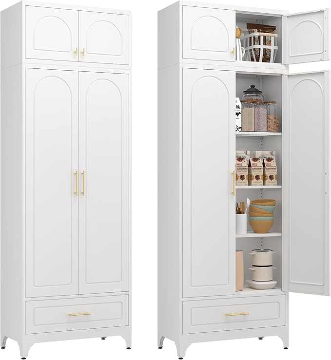 Kitchen Cabinet, 90" Tall Metal Pantry Cabinet, Freestanding Cupboards with One Drawer, Food Storage Cabinets for Dining, Living Room, White, 16" D x 32" W x 90" H, Assembly Required-Ruum Studio Home