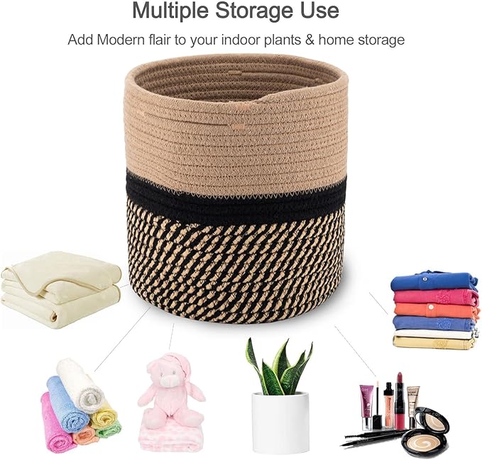 Woven Cotton Rope Plant Basket for 11" Flower Pot Floor Indoor Planters,Storage Organizer Basket Rustic Home Decor (11" x 11",Black and Brown Stripes)-Ruum Studio Home
