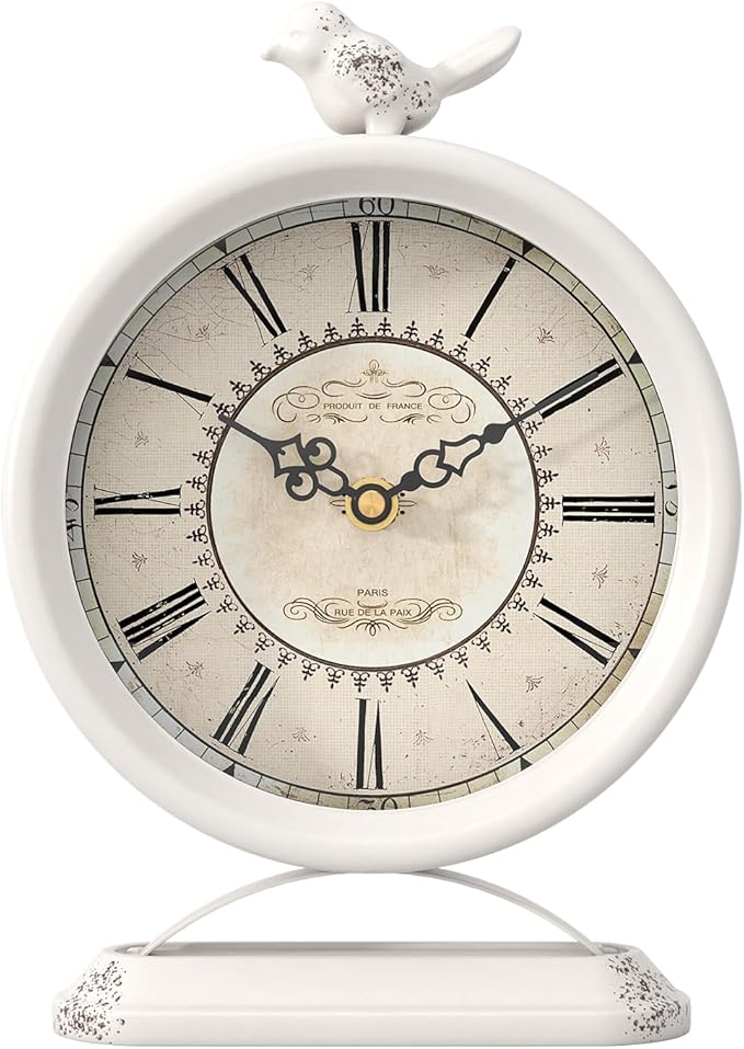Vintage Table Clock with Bird, European Antique Style White Mantel Clocks, Desk and Shelf Decor Clock, for Farmhouse, Bedside, Living Room, Bedroom, Gift (9" H x 6.5" W)-Ruum Studio Home