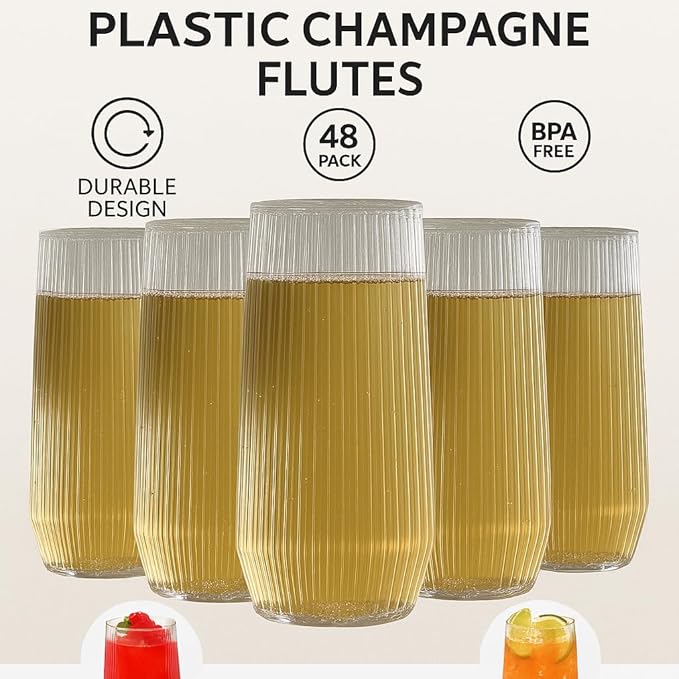 48 Pack Ribbed Ripple Stemless Toasting Glasses, Origami Durable 9 Oz BPA-Free Disposable Plastic Champagne Flutes for Weddings, Bars, Events, and Celebrations (Clear)-Ruum Studio Home